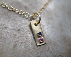 Rectangular Forged Charm Necklace- Yellow Gold, Ruby and Sapphire