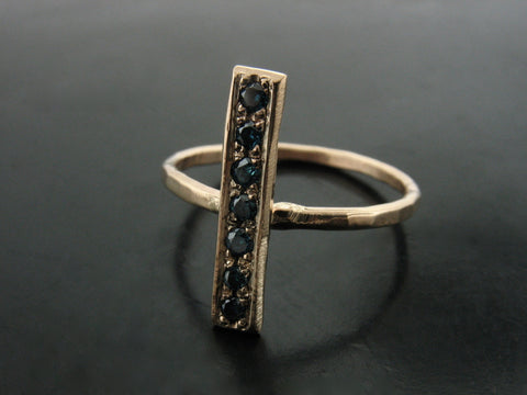 Yellow Gold Bar Ring with Blue Diamonds