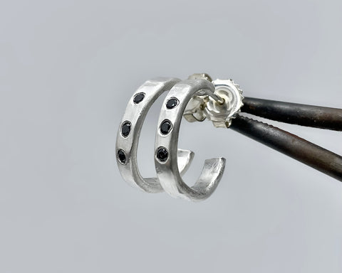 FORGED SIGNATURE HOOPS WITH BLACK DIAMONDS STERLING SILVER