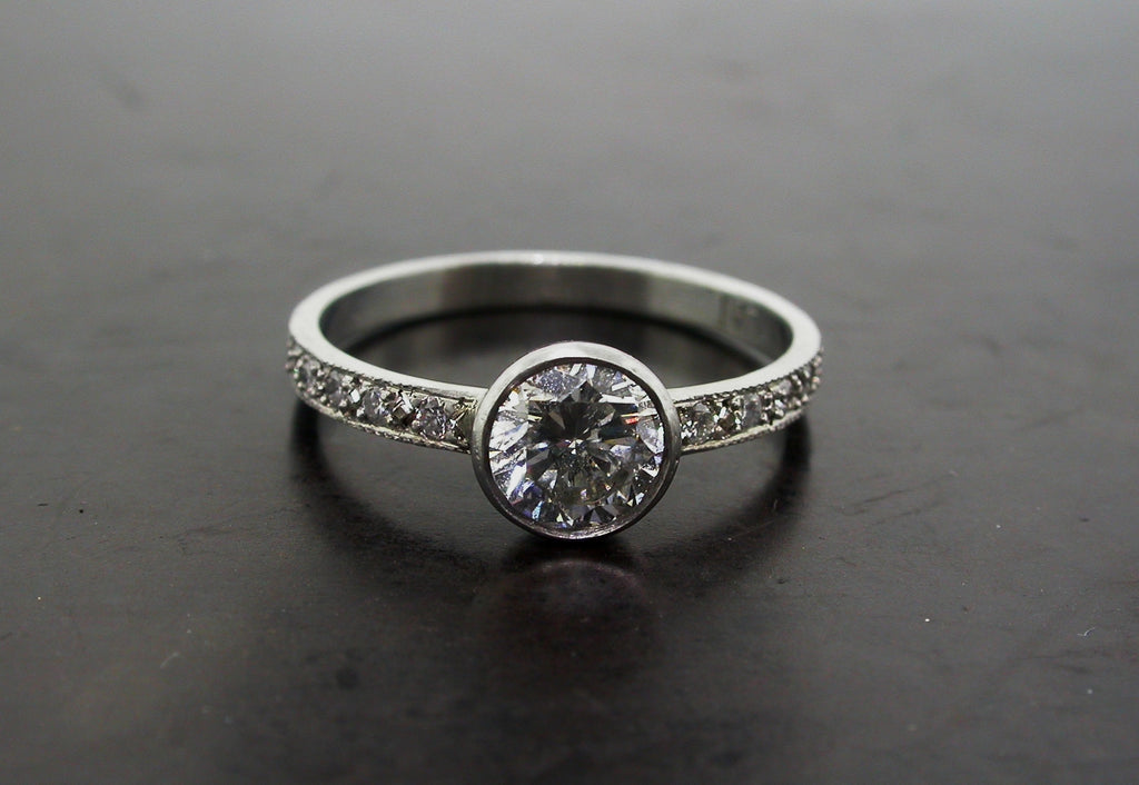 Valeria's Engagement Ring, Platinum Round Brilliant Cut Diamond Handcarved Pave