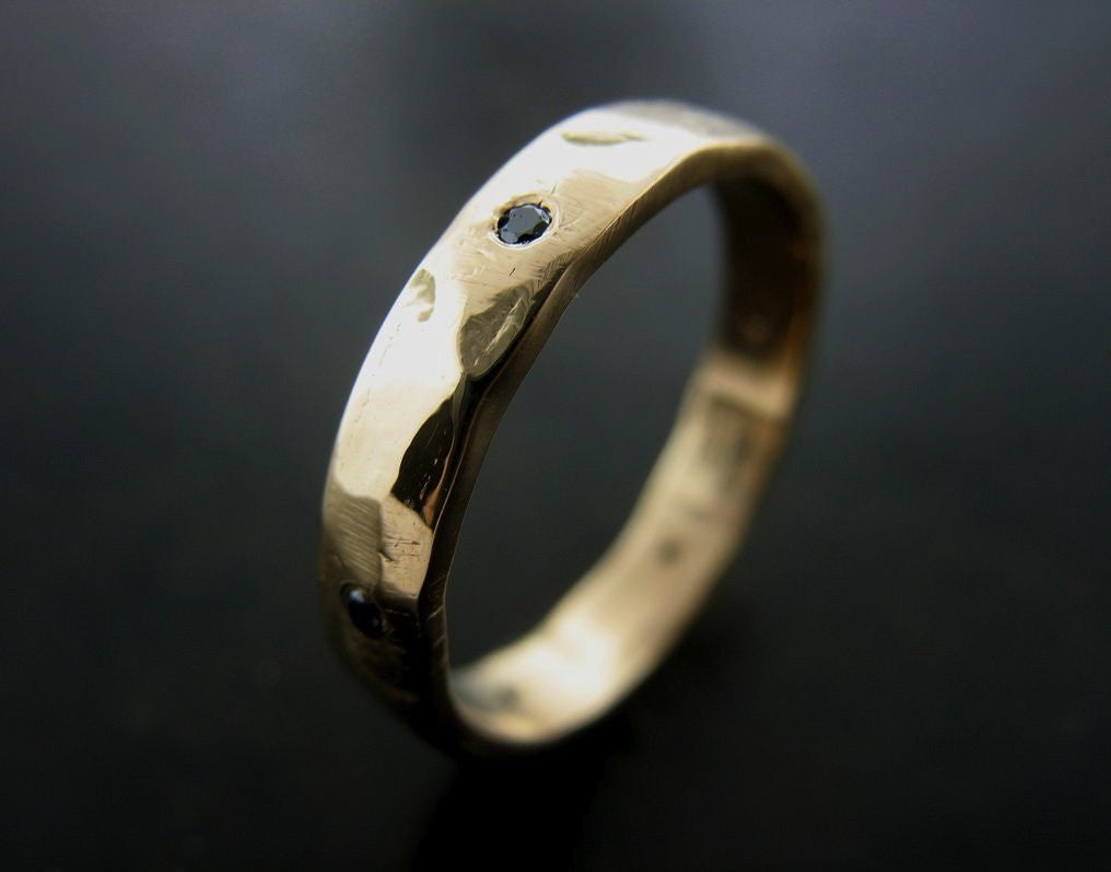 Augustine's Wedding Ring, Yellow Gold with Black Diamond, Hammered