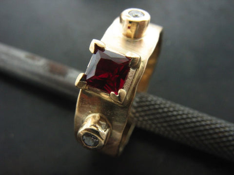 Natalia's Ring, Yellow Gold Princess Cut Garnet And White Diamonds